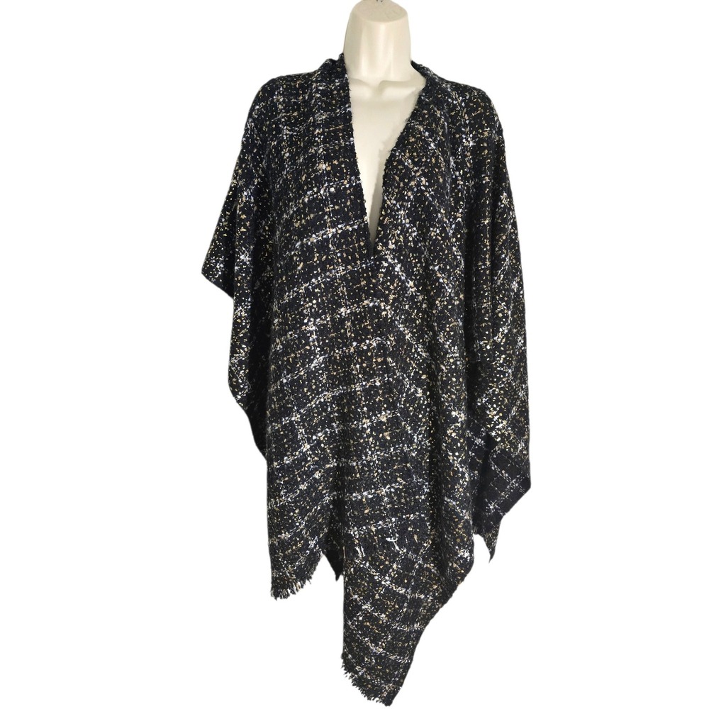 Chicos Black Gold Metallic Tweed Poncho Wrap Fringed One Size NWT